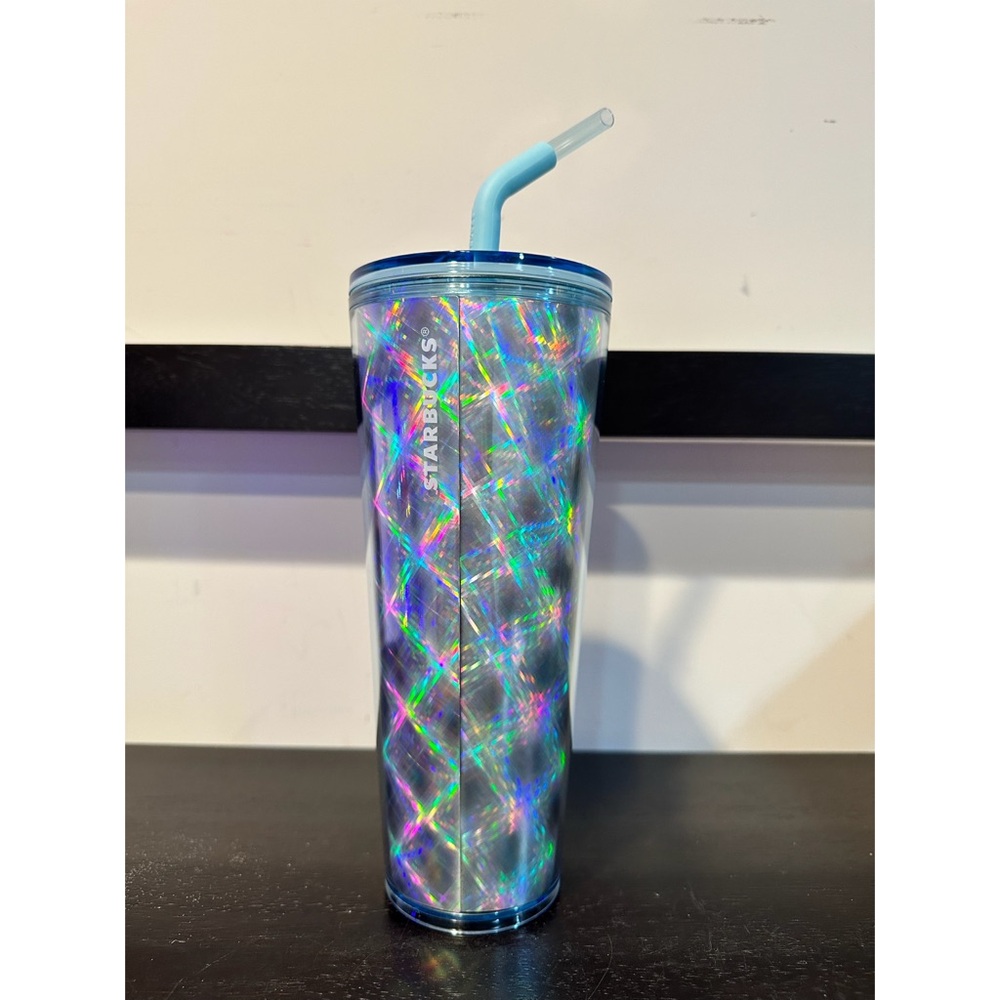 Starbucks Silver Metallic Holographic Star Checkered Slant Straw Cup 2024 - Picture 2 of 9